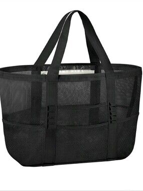 Black Mesh Beach Tote Bag 7 Pockets Waterproof Zipper Pocket 9 Rings